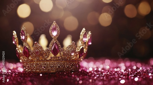 A golden crown with ruby gemstones sits on a bed of pink glitter against a bokeh background.
