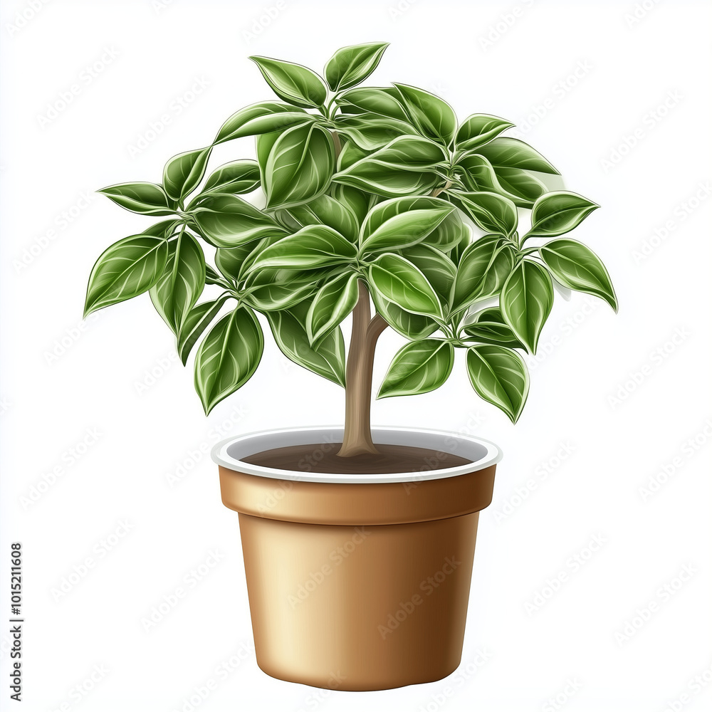 Green potted plant with variegated leaves in a brown pot. Green potted plant with variegated leaves in a brown pot.