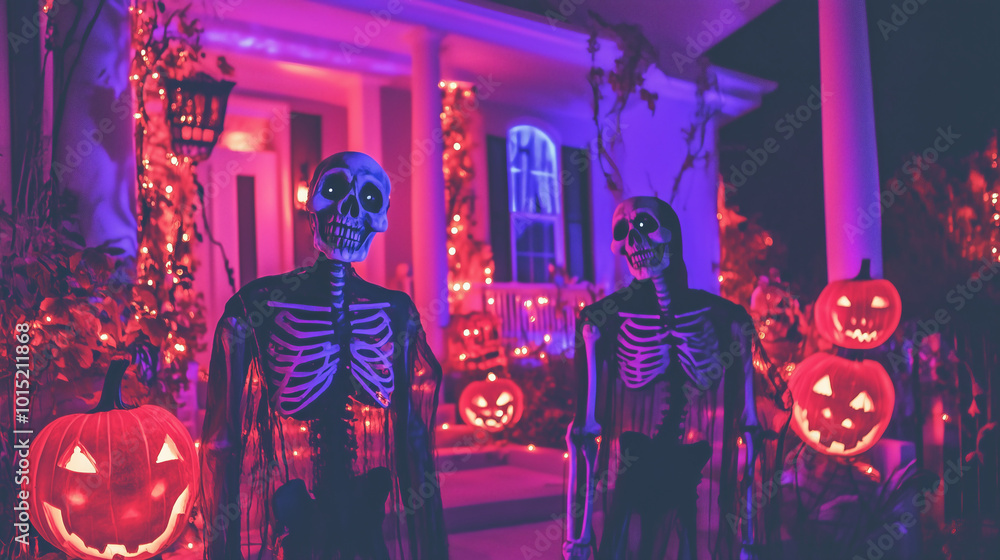Obraz premium Spooky skeletons and jack-o'-lanterns adorn a home for Halloween.