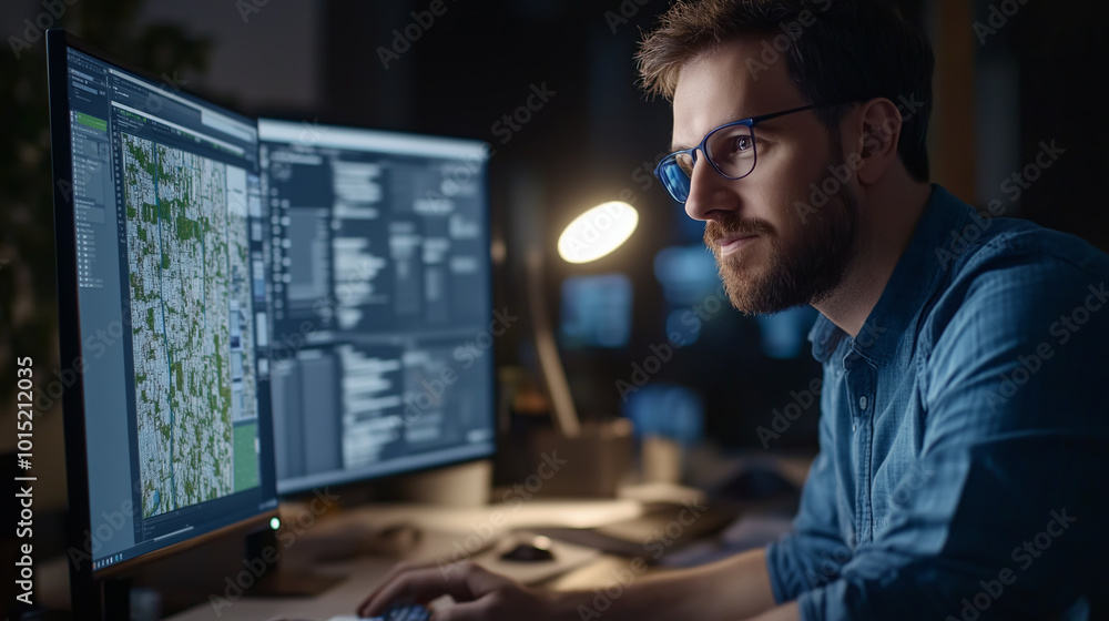 A man with glasses and beard intently looks at a computer screen displaying a city map. A man with glasses and beard intently looks at a computer screen displaying a city map.