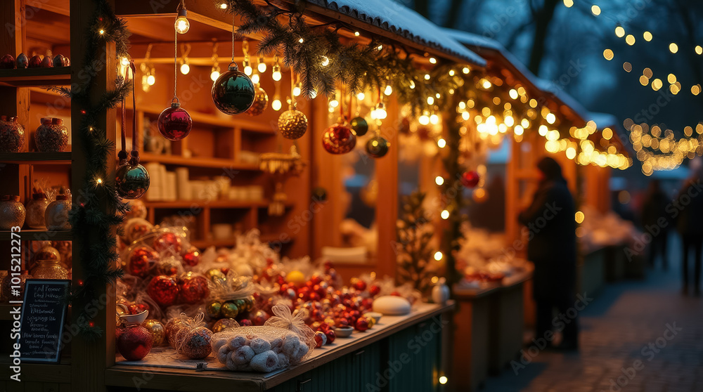 Stalls brimming with delightful holiday treats and ornaments invite visitors under twinkling lights, creating a magical atmosphere in the winter evening Stalls brimming with delightful holiday treats and ornaments invite visitors under twinkling lights, creating a magical atmosphere in the winter evening