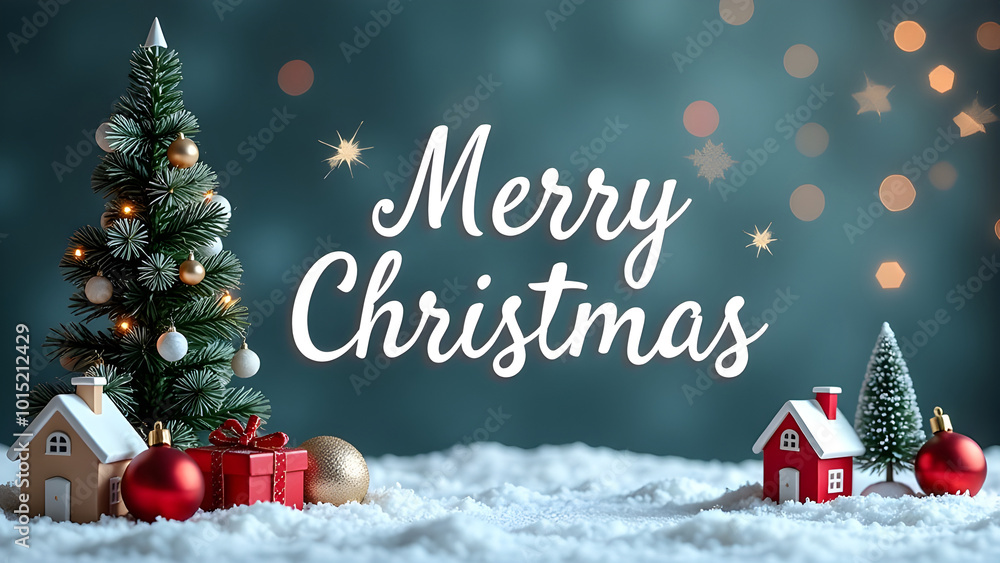 Christmas holiday blue background photography with white Letters Merry Christmas on blue background with small snow Christmas tree, small houses, gifts and balls