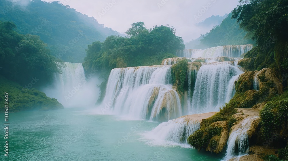 Fototapeta premium A cascading waterfall, surrounded by lush greenery, creates a stunning display of natural beauty.