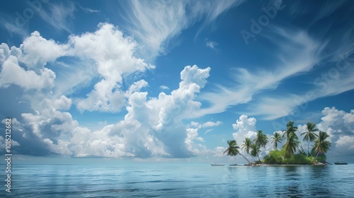 Small tropical island with palm trees and bright clouds in the sky. Concept of paradise and vacation destination.