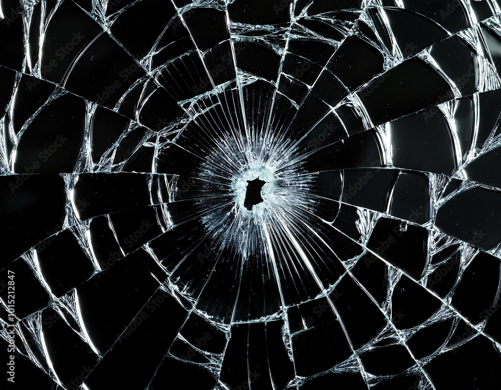 Obraz premium Broken glass texture showing bullet hole on black background