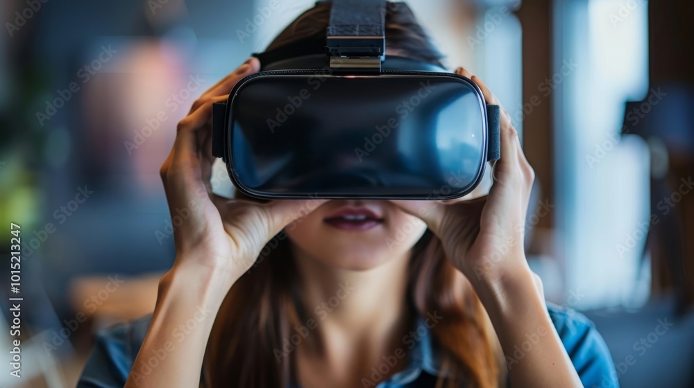Young woman using a virtual reality headset to explore a new world. Young woman using a virtual reality headset to explore a new world.