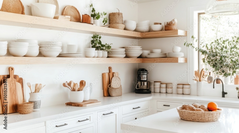 In a beautifully designed kitchen, open wooden shelves display an array of white bowls and natural decor In a beautifully designed kitchen, open wooden shelves display an array of white bowls and natural decor