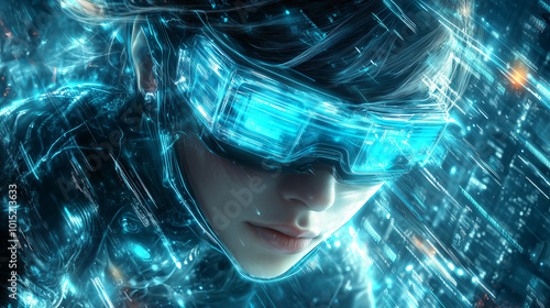 Wallpaper Mural A woman in futuristic goggles stares into the digital abyss. Torontodigital.ca