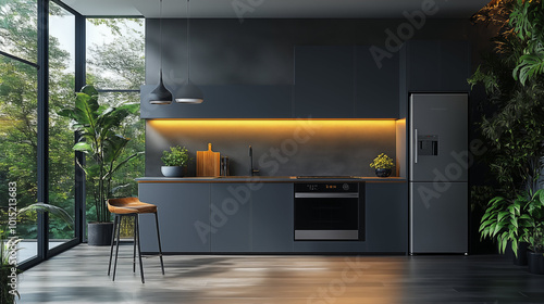Modern dark kitchen with warm LED lighting and large windows overlooking lush greenery. Concept of contemporary interior design