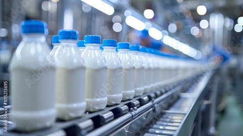 In an industrial plant, the production of milk is highlighted by the efficient movement of bottles along a conveyor belt.