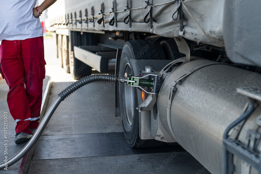Fototapeta premium Semi truck refueling with tank for liquid natural gas (LNG)