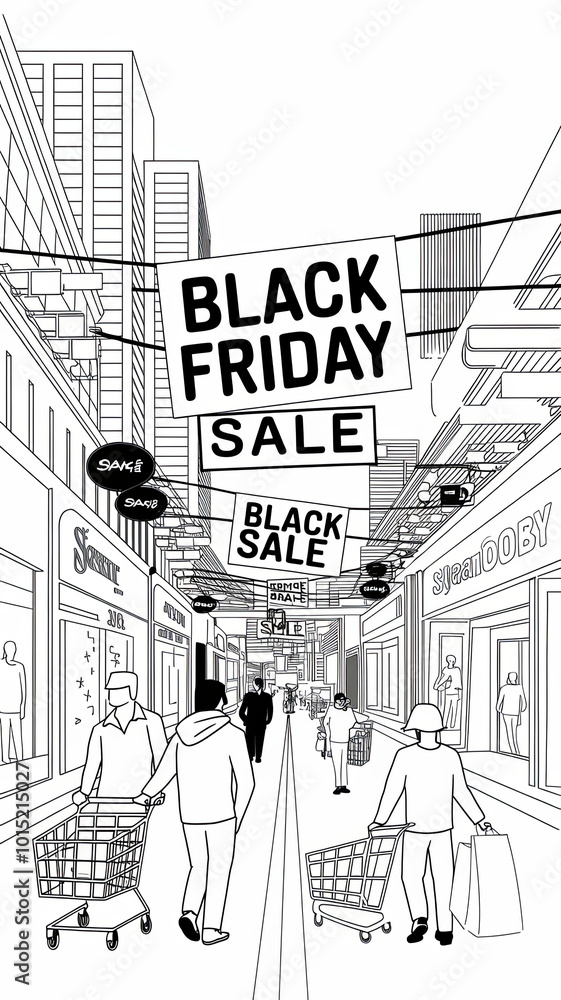Obraz premium Black Friday sale shoppers with shopping carts in a city street.