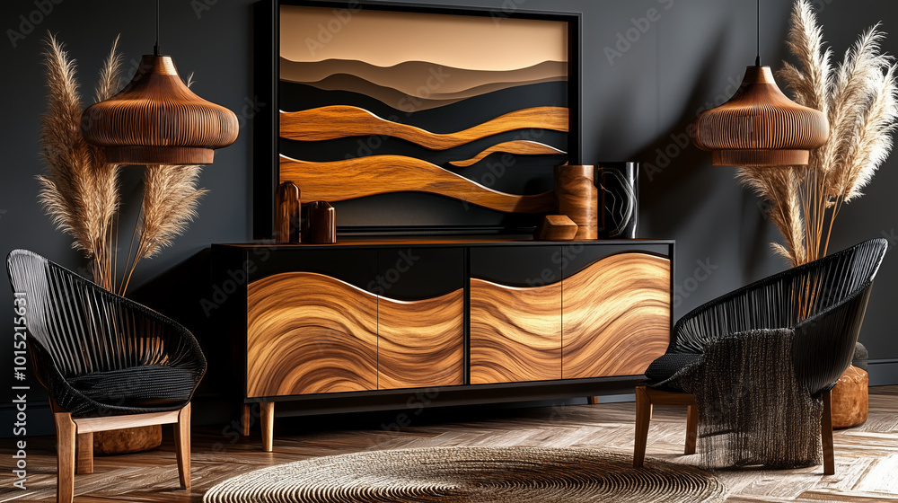 Modern living room with wooden furniture and black accent chairs. Modern living room with wooden furniture and black accent chairs.