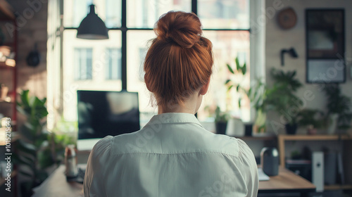 Young woman working in an office by the window, sits with her back to the viewer