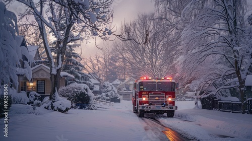 Red Fire Truck Driving Through Snow-Covered Neighborhood