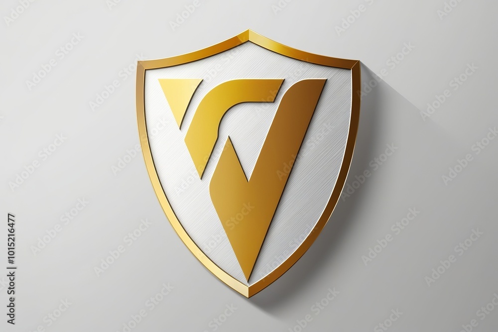 A golden shield with a bold modernist font A golden shield with a bold modernist font
