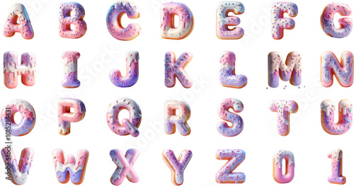 A 3D vector vibrant alphabet made of donut-shaped letters, adorned with colorful icing and sprinkles, perfect for fun designs.
