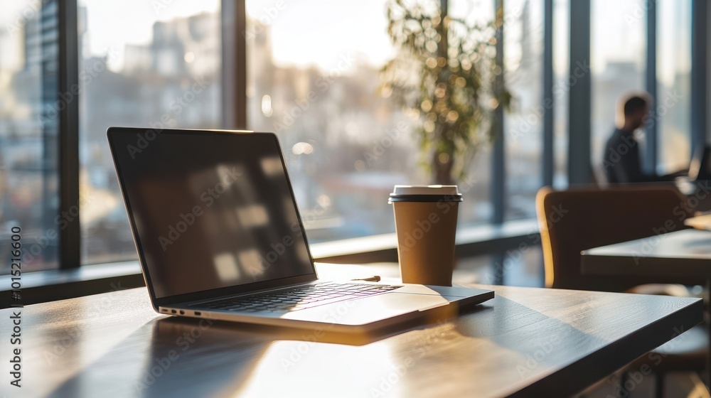 Laptop and Coffee Cup on a Table by a Window Laptop and Coffee Cup on a Table by a Window