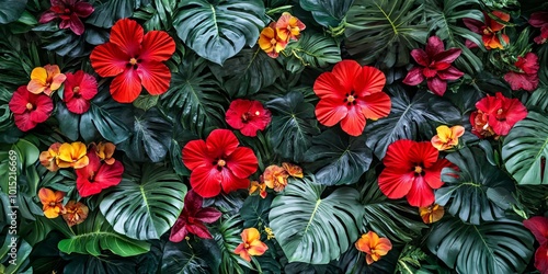 Lush Tropical Foliage with Vibrant Red and Orange Flowers.