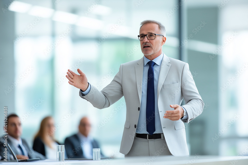 Dashing Gentleman in Gray Suit Delivering Presentation in Corporate Boardroom for Advertising Dashing Gentleman in Gray Suit Delivering Presentation in Corporate Boardroom for Advertising