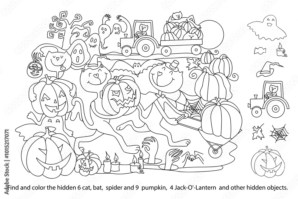 Find and color hidden objects in the picture. Halloween night with Cats, Pumpkins, Ghosts. Jack-O'-Lantern Halloween celebration. Hand drawn vector illustration. Find and color hidden objects in the picture. Halloween night with Cats, Pumpkins, Ghosts. Jack-O'-Lantern Halloween celebration. Hand drawn vector illustration.