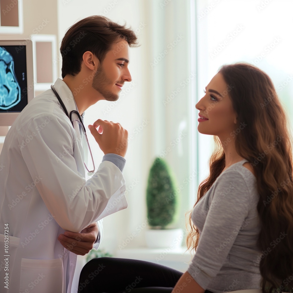 Doctor examines patient in medical office. Man in white coat holds stethoscope to woman chest. Patient wears gray shirt, has long flowing hair. Medical equipment, natural light, and plant in room. Doctor examines patient in medical office. Man in white coat holds stethoscope to woman chest. Patient wears gray shirt, has long flowing hair. Medical equipment, natural light, and plant in room.