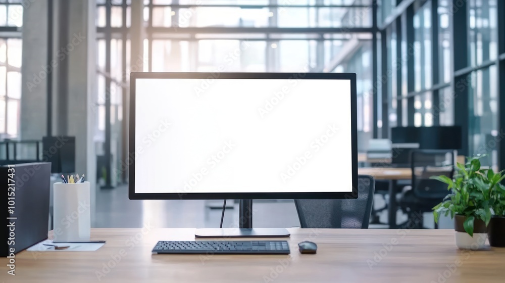 Modern Office Workspace with a Blank Computer Screen Modern Office Workspace with a Blank Computer Screen