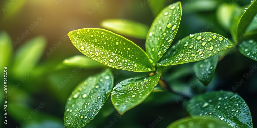 A calming closeup of dewy green leaves, captured in the morning light A calming closeup of dewy green leaves, captured in the morning light