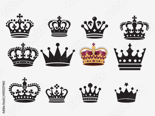 diverse crowns designs, isolated on white background. Crown vector collection, royal luxury symbols
