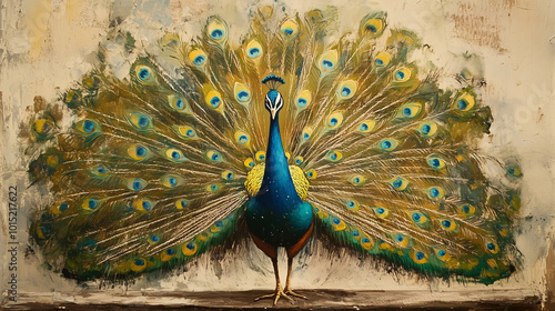 A vibrant peacock with its tail feathers fully spread out.