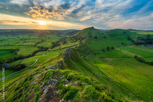 Parkhouse Hill peak overlooking Chrome Hill at sunset in Peak District. England photo