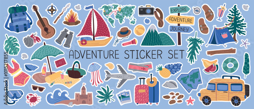 Summer stickers. Holiday beach icons, vacation and travel sun elements, fun doodle happy sea elements. Hiking and picnic in park, plane and yacht. Vector cartoon flat isolated illustration set