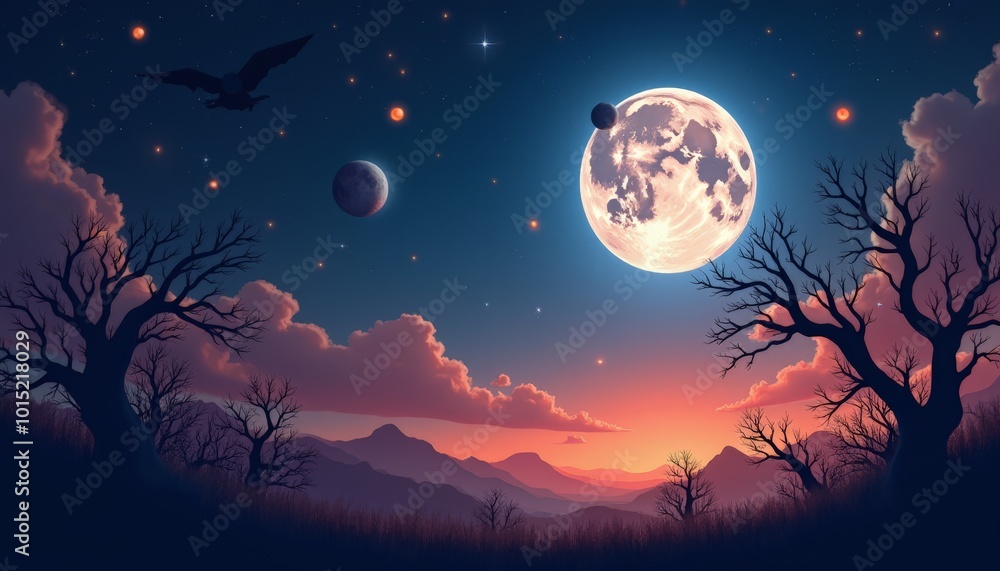Fototapeta premium Spooky Halloween Night with Glowing Pumpkins and Full Moon - Eerie Rural Scene