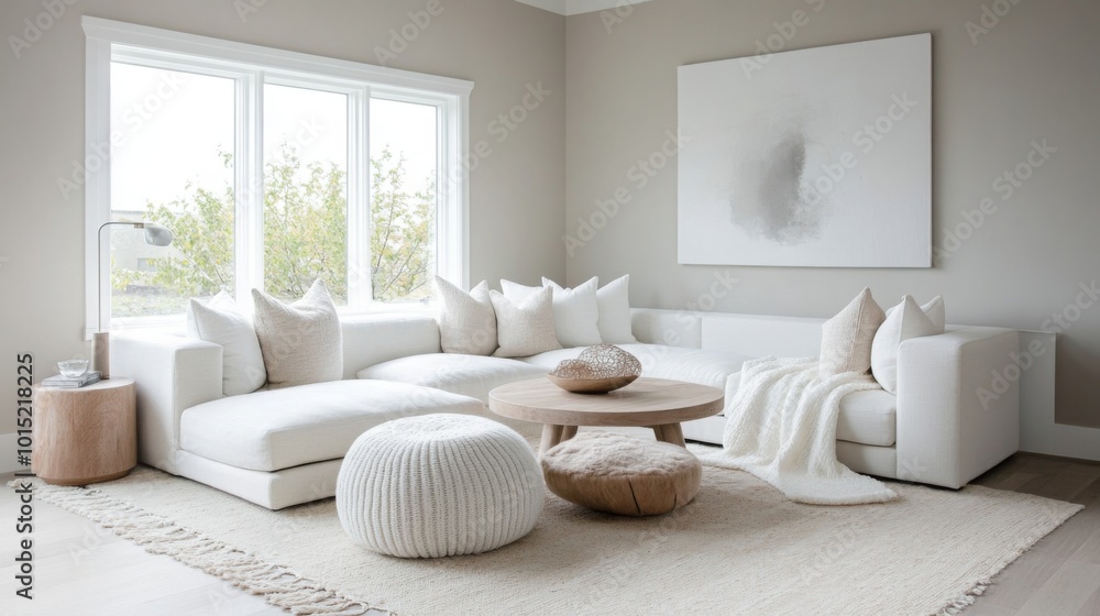 A serene living room features a spacious white sectional sofa adorned with plush pillows, complemented by a round coffee table and soft textures A serene living room features a spacious white sectional sofa adorned with plush pillows, complemented by a round coffee table and soft textures