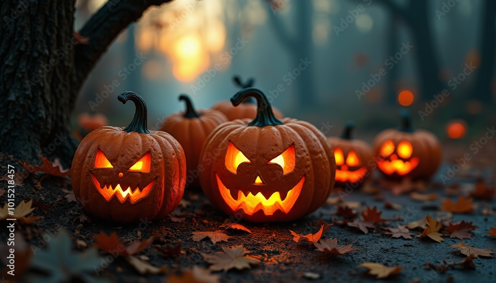 Spooky Halloween Night with Glowing Jack-o�-Lanterns and Misty Twilight - Eerie Autumn Scene Spooky Halloween Night with Glowing Jack-o�-Lanterns and Misty Twilight - Eerie Autumn Scene