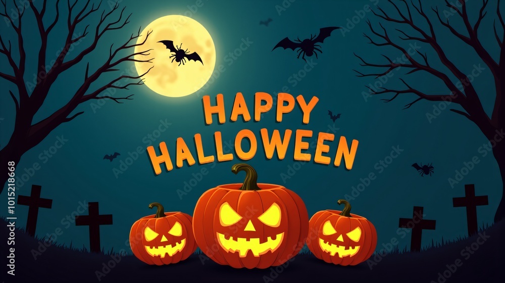 Fototapeta premium Spooky Halloween Graveyard with Full Moon, Bats, and Glowing Jack-o�-Lanterns - Festive Scene