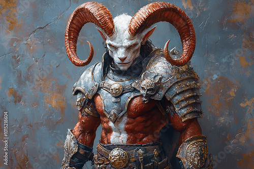 Mythical demon warrior with red horns and dark armor, standing amid glowing embers.
