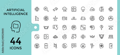 Artificial Intelligence Line Icons set. Minimal and modern thin line style icons collection  of AI technology and smart robotic. Editable stroke, pixel perfect.