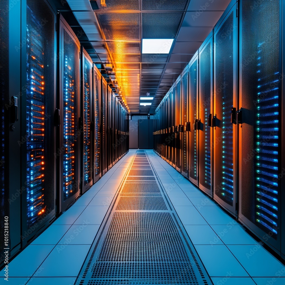 Fototapeta premium Modern Data Center With Rows of Server Racks, Illuminated With Blue and Orange Lights.