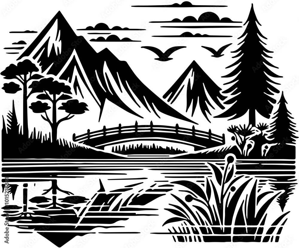 Silhouette of high mountains and clear lake with wooden bridge and pine trees Silhouette of high mountains and clear lake with wooden bridge and pine trees