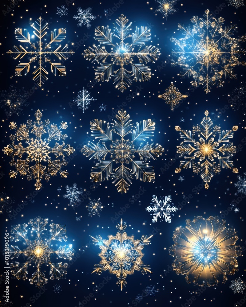 Exquisite Digital Art of Nine Blue and Gold Glittering Snowflakes on Night Sky Background for Elegant Winter Decor and Festive Design Exquisite Digital Art of Nine Blue and Gold Glittering Snowflakes on Night Sky Background for Elegant Winter Decor and Festive Design