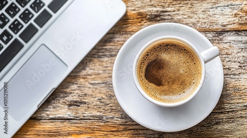 A cup of coffee and a laptop on a wooden table, overhead view.