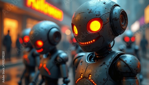 Futuristic Halloween Robots with Glowing Eyes and Pumpkin Heads - Spooky AI Celebration