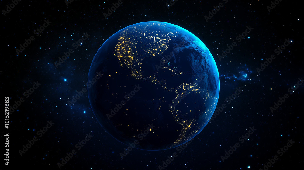Fototapeta premium A deep blue Earth with city lights glowing against a starry backdrop.
