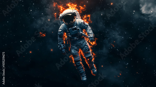 A burning astronaut floats in a vast, starry expanse.