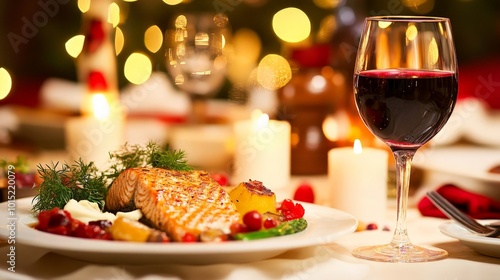 A Festive Holiday Dinner with Wine and Candles