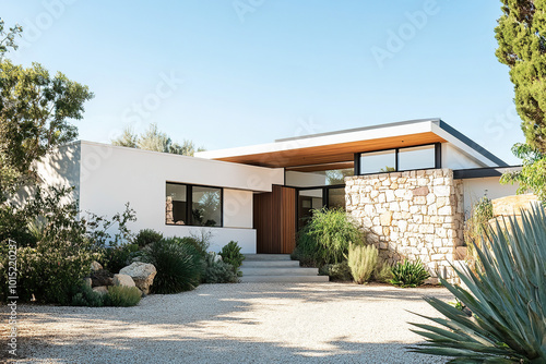 A mid-century modern home in the California desert, featuring white stucco walls and wood accents. Low stone walls with wooden beams frame the front entrance.