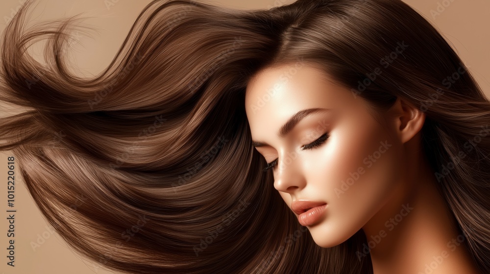 Mujer con un pelo largo de color castaño, concepto de belleza, peluquería, maquillaje Mujer con un pelo largo de color castaño, concepto de belleza, peluquería, maquillaje