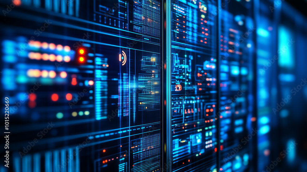 Rows of glowing blue and red server panels in a data center. Rows of glowing blue and red server panels in a data center.