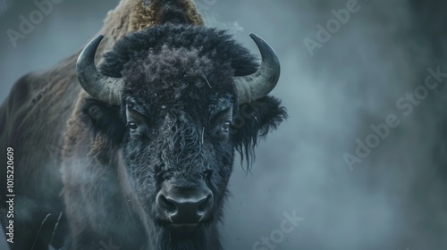 A close up of a buffalo with horns standing in the fog. AI.